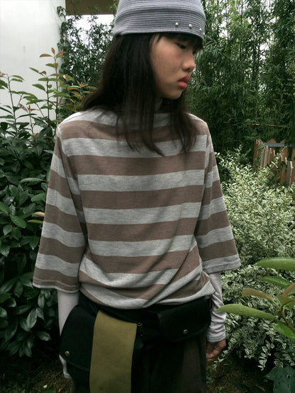 Brown Stripe Mock-Neck Three-Quarter Sleeve Tee