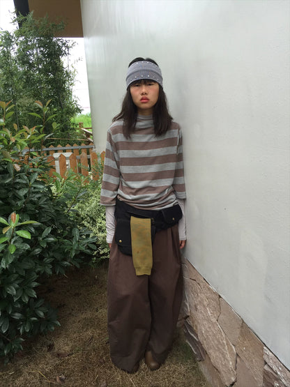 Brown Stripe Mock-Neck Three-Quarter Sleeve Tee