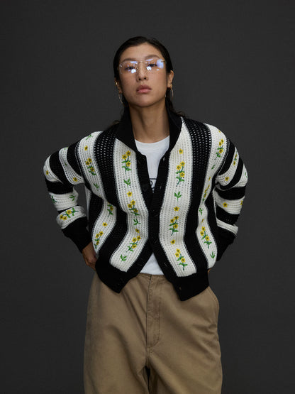 Contrast Floral Embroidered Cardigan