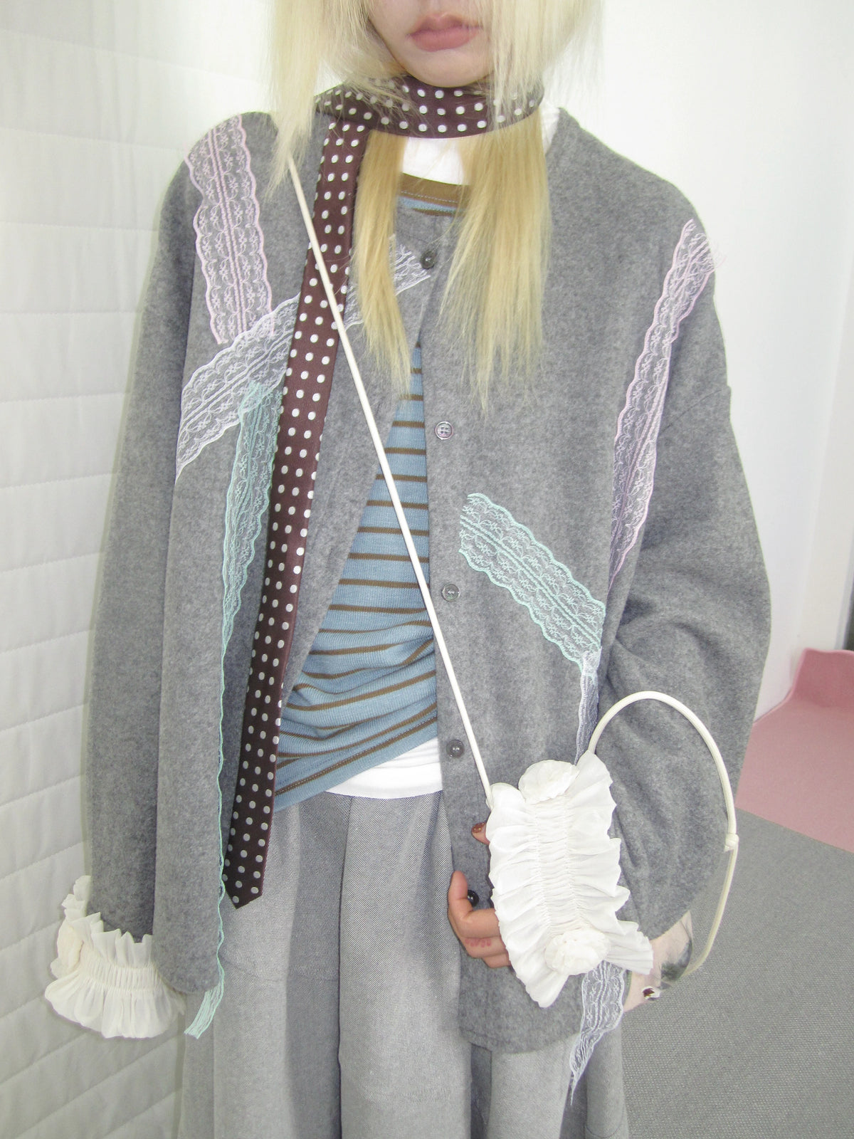 Grey Lace-Trim Ruffle Cuff Cardigan