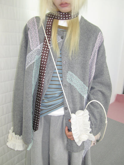 Grey Lace-Trim Ruffle Cuff Cardigan