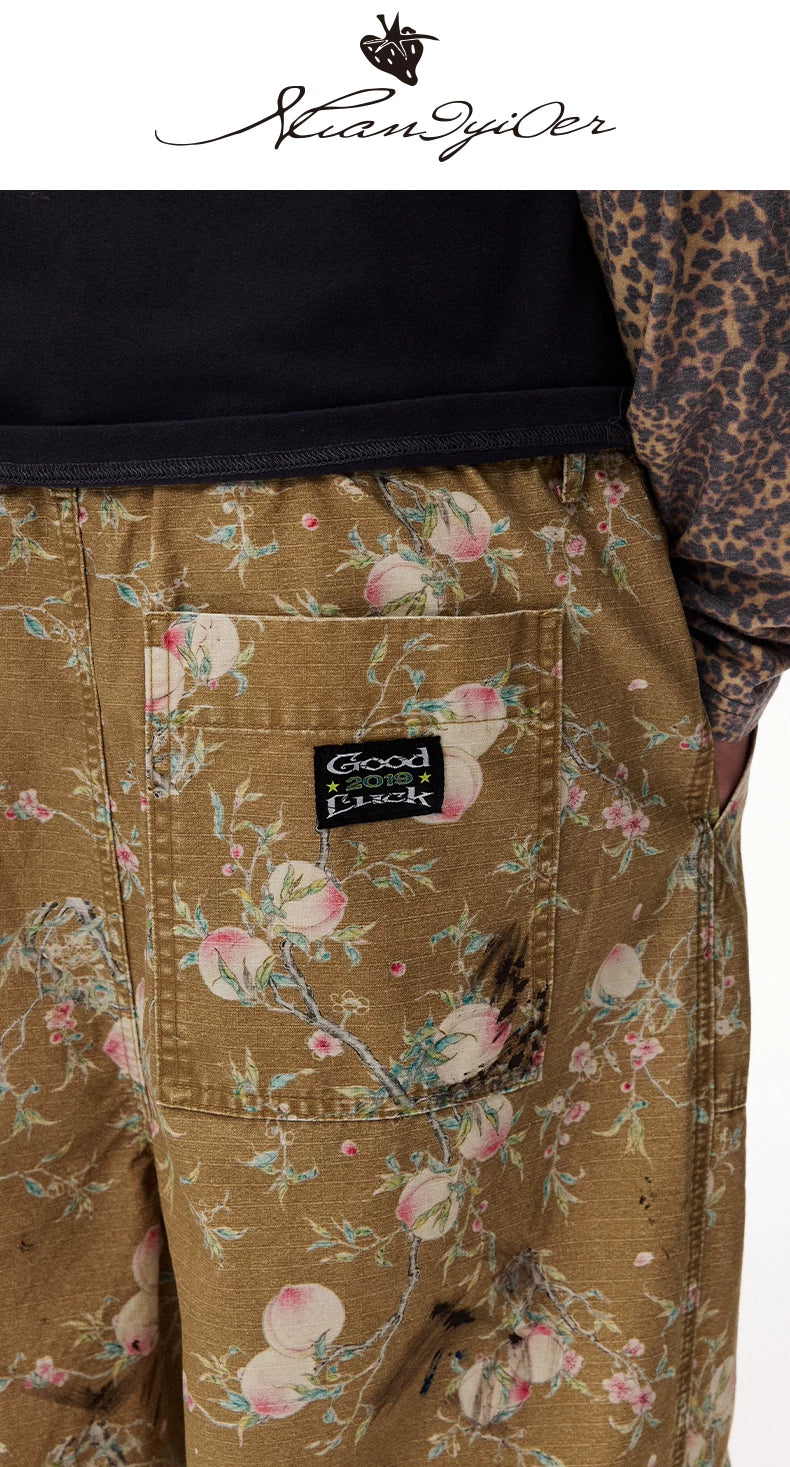 Distressed Floral Wide-Leg Cargo Pants