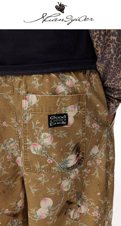 Distressed Floral Wide-Leg Cargo Pants