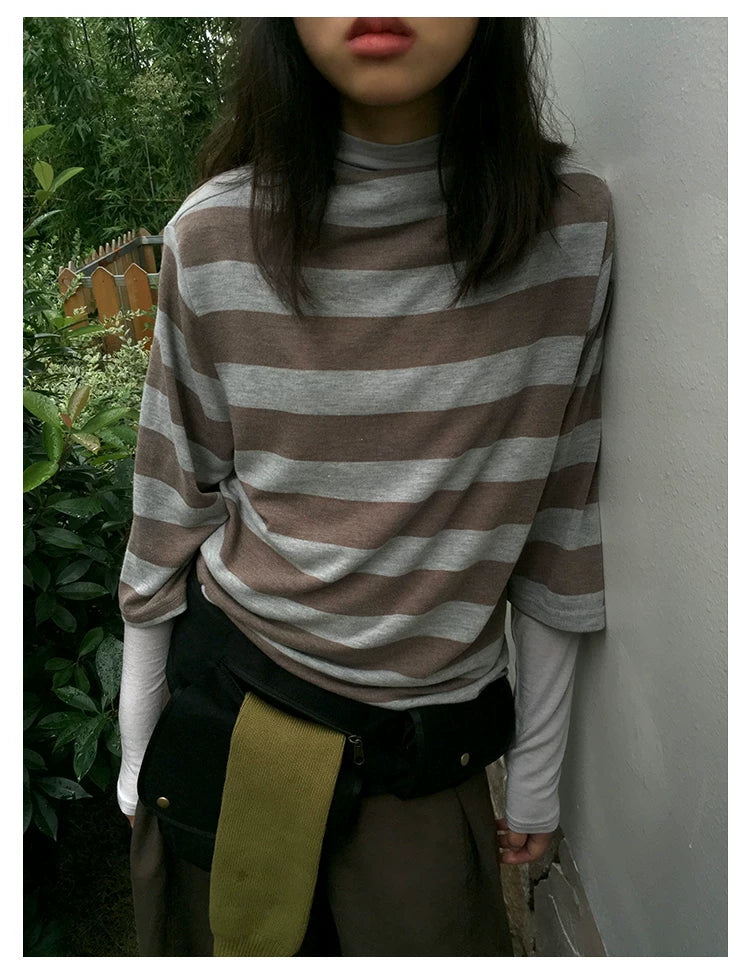Brown Stripe Mock-Neck Three-Quarter Sleeve Tee