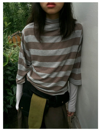 Brown Stripe Mock-Neck Three-Quarter Sleeve Tee