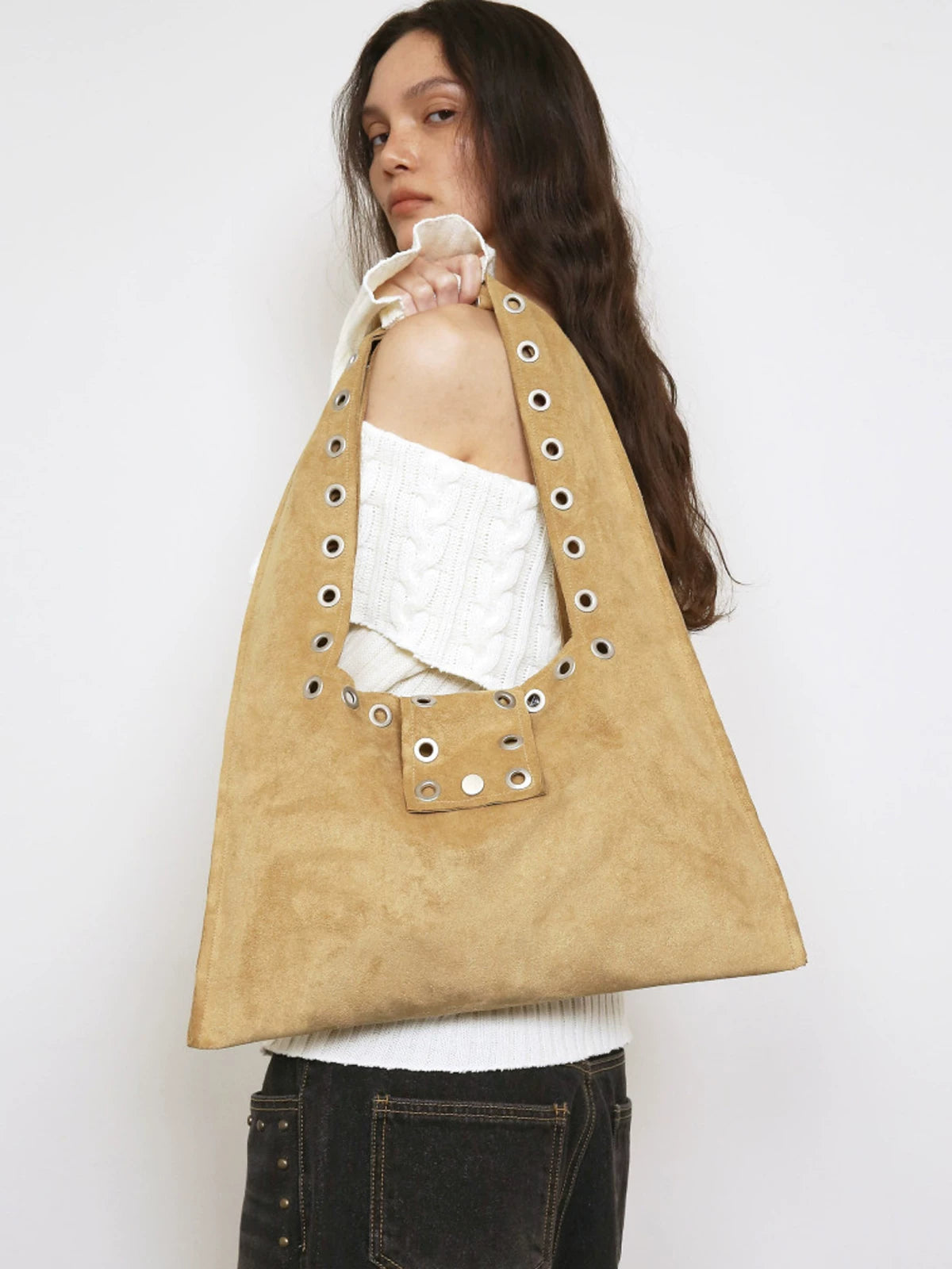 Grommet Suede-Look Shoulder Tote Bag product photo