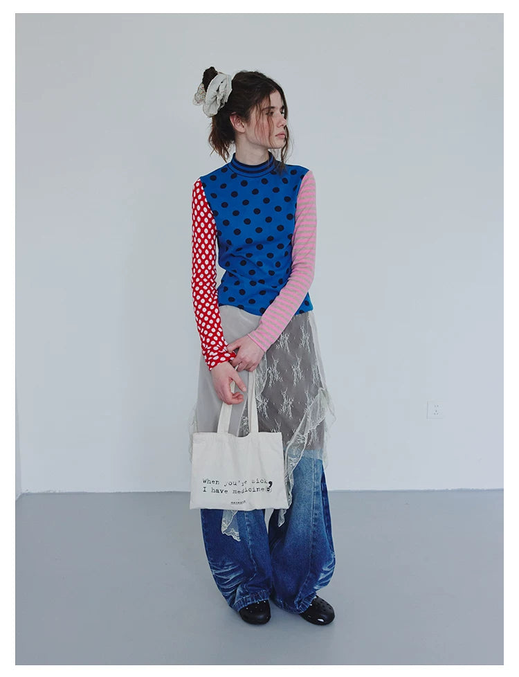 Blue Polka Dot Stripe Colorblock Long-Sleeve Tee