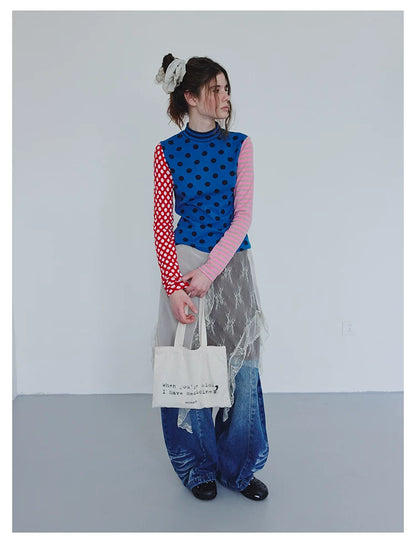 Blue Polka Dot Stripe Colorblock Long-Sleeve Tee