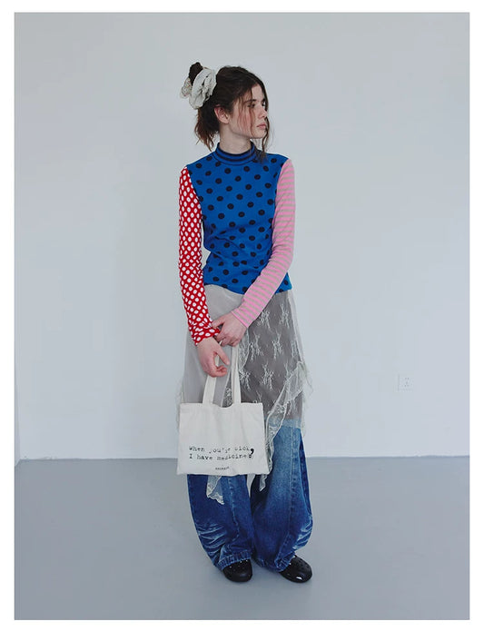 Blue Polka Dot Stripe Colorblock Long-Sleeve Tee - view 1