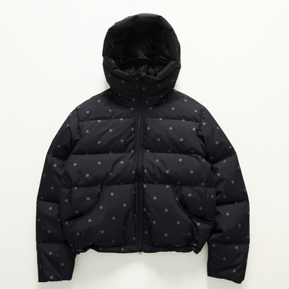 Black and gray dotted hooded puffer jacket, front view