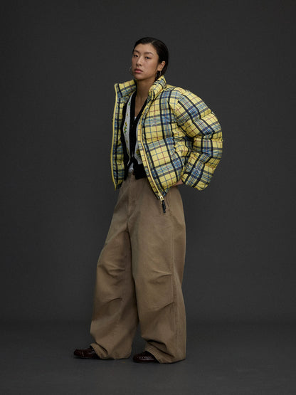 Yellow Plaid Hooded Puffer Jacket product photo, yellow plaid