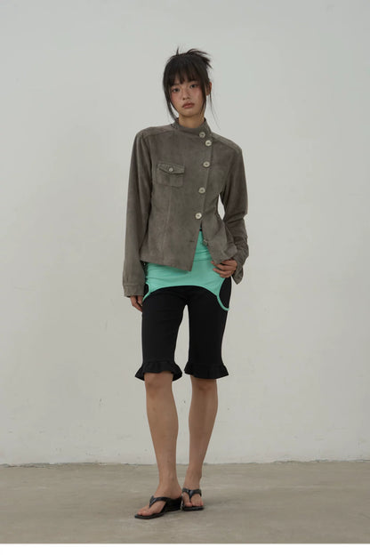 Asymmetric Button Faux Suede Jacket