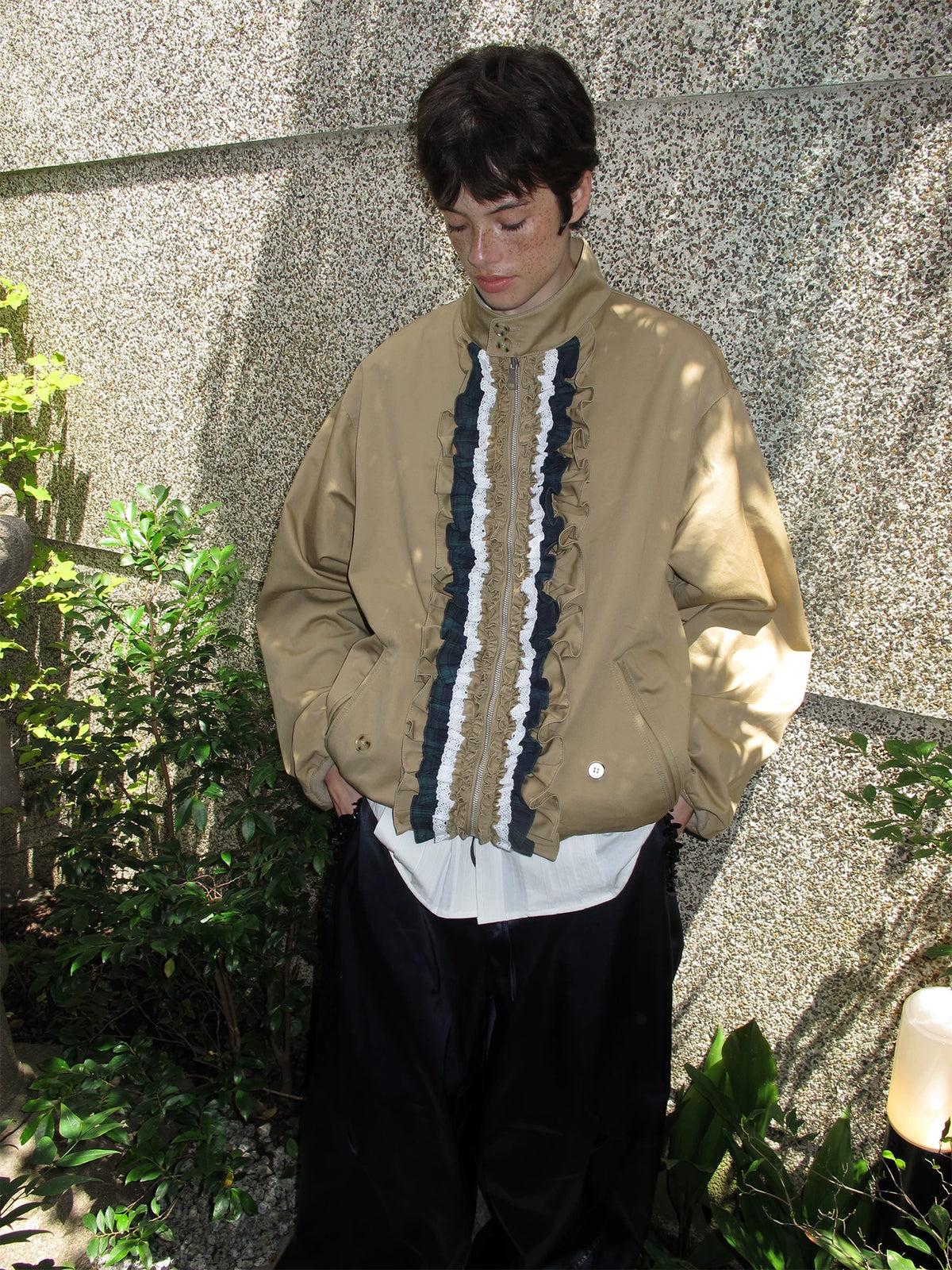 Ruffle-Trim Contrast Khaki Jacket