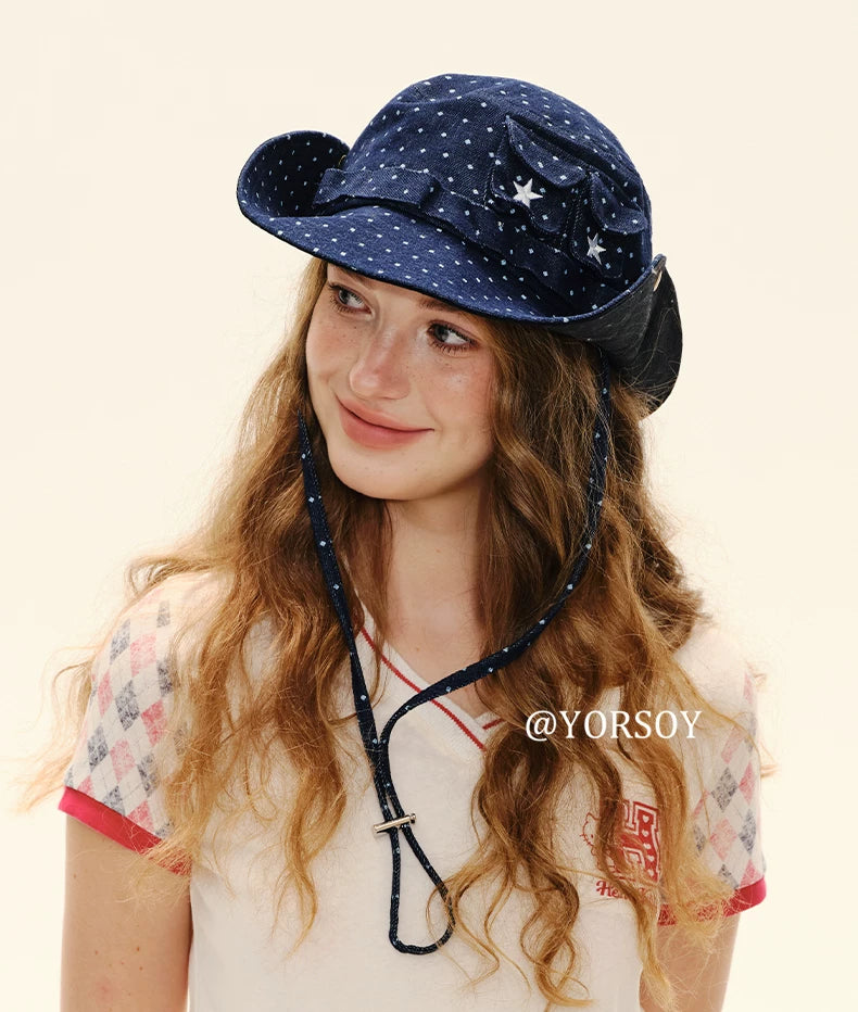 Women's Vintage Navy Star Bucket Hat – Adjustable Sun Protection Hiking, Camping & Fishing Hat