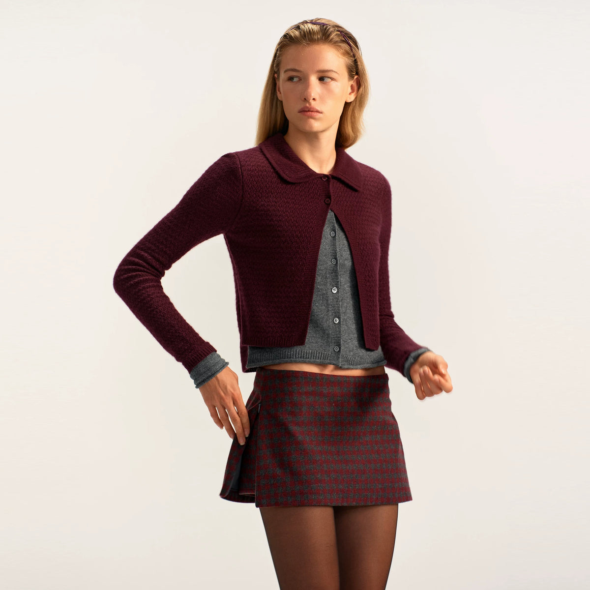 Contrast Collar Layered Wool Cardigan