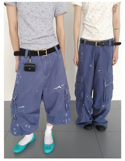 Distressed Splatter Print Wide-Leg Denim Shorts