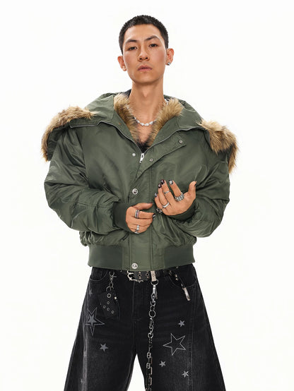 Olive green faux fur hood bomber jacket, front view on model