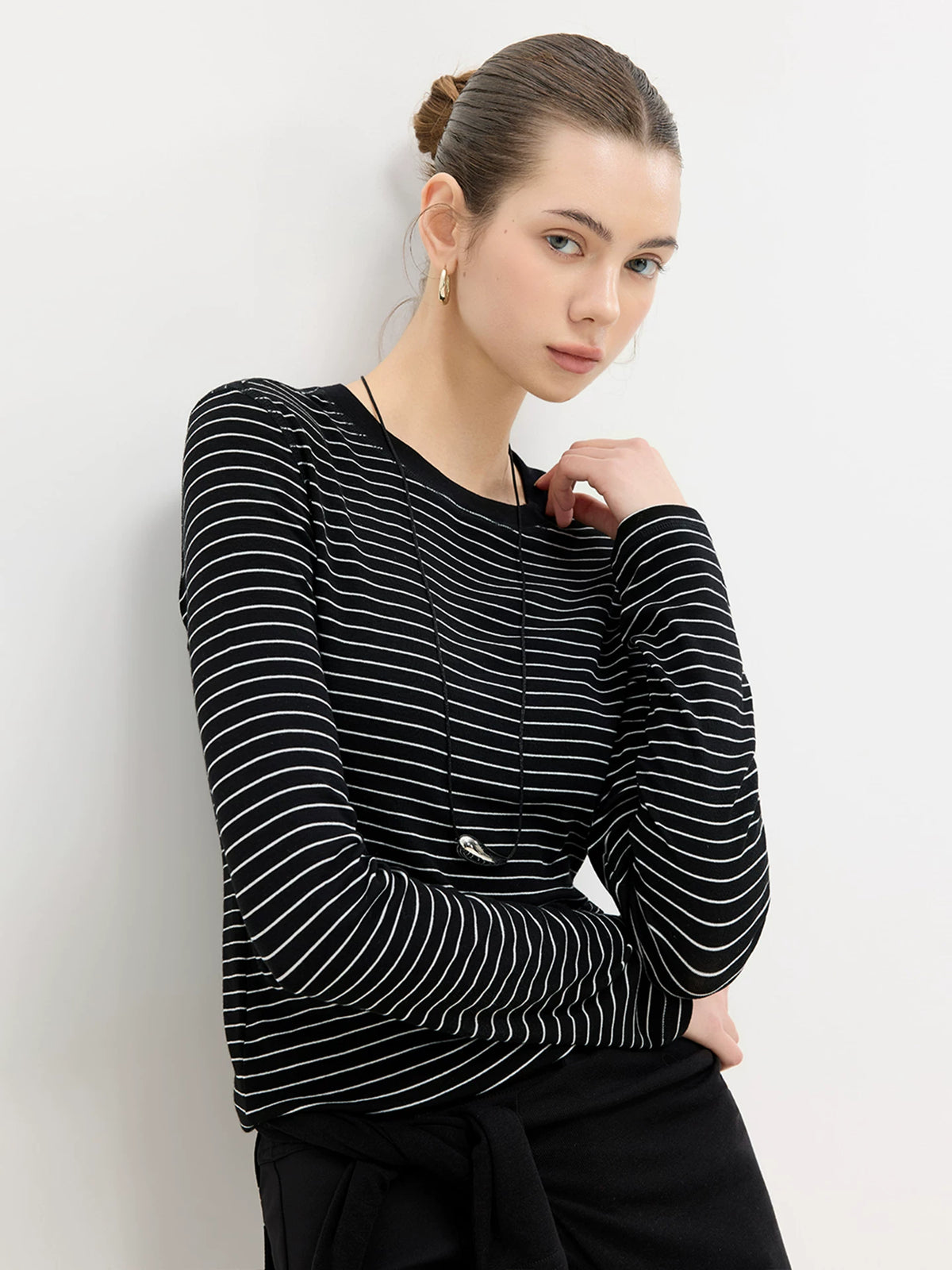 Tencel-Wool Striped Long Sleeve Top