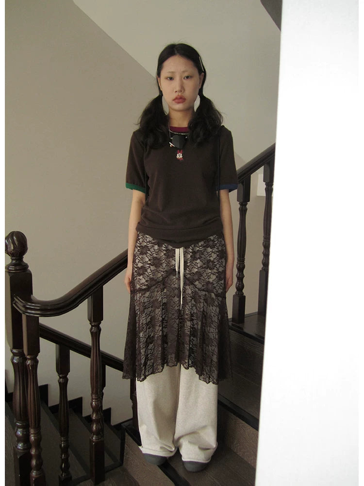 Lace Overlay A-Line Midi Skirt