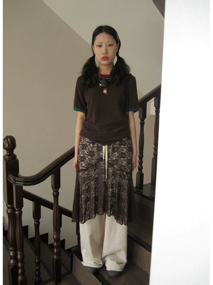 Lace Overlay A-Line Midi Skirt