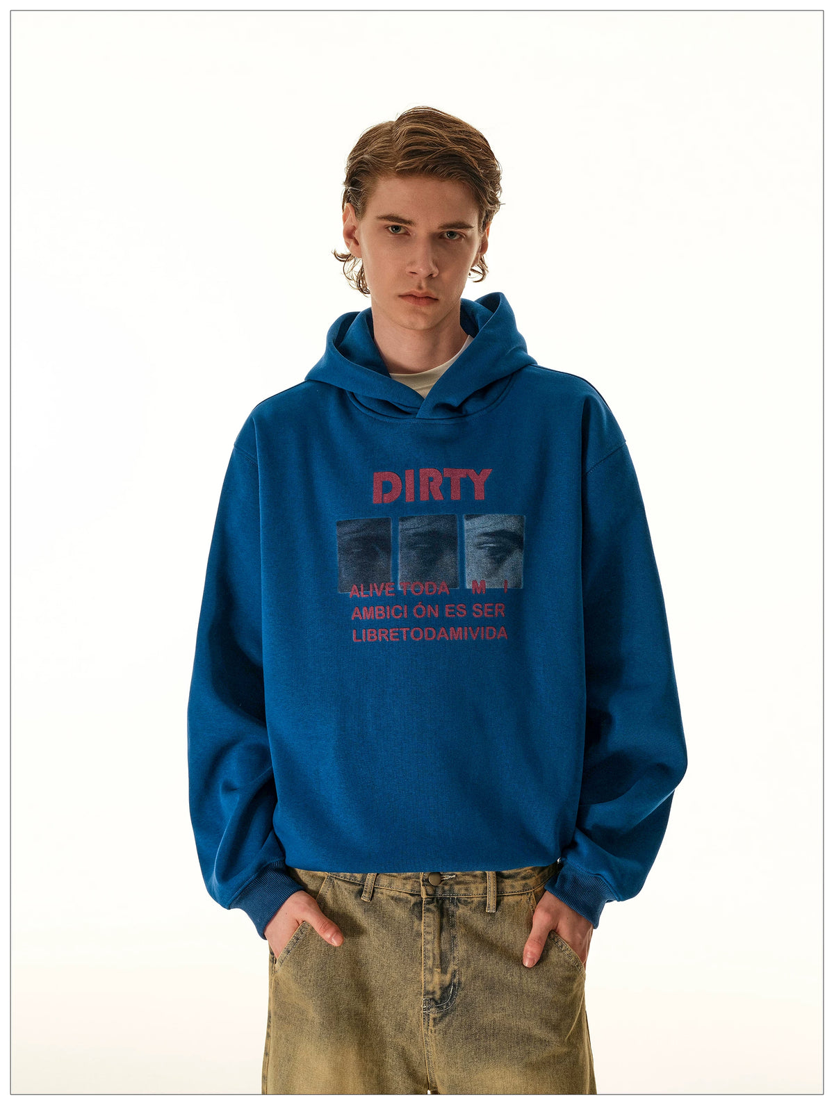 Blue graphic hoodie, front view