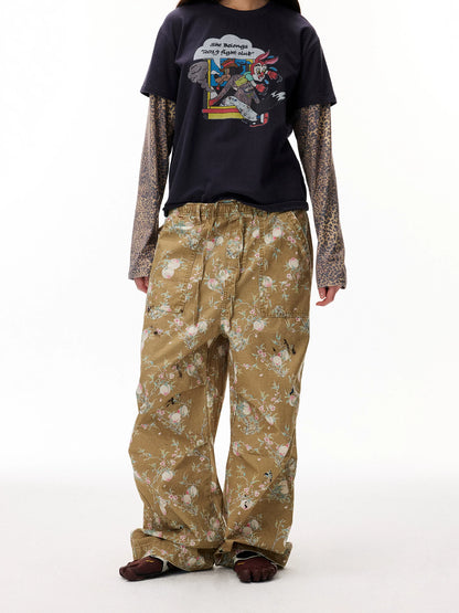 Distressed Floral Wide-Leg Cargo Pants