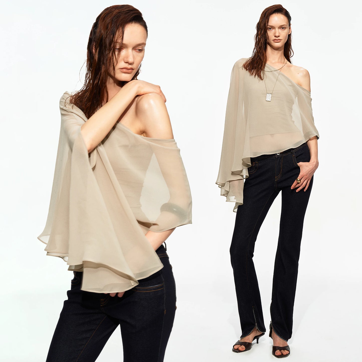 Matte Chiffon One-Shoulder Layered Cape Top
