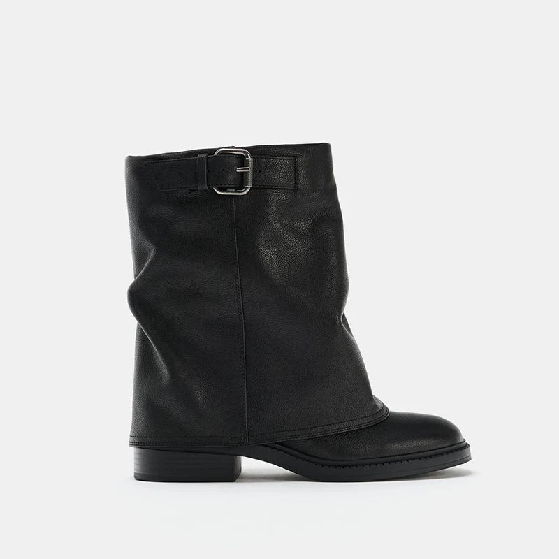 Women's Round Toe Wide-Shaft Block Heel Boots