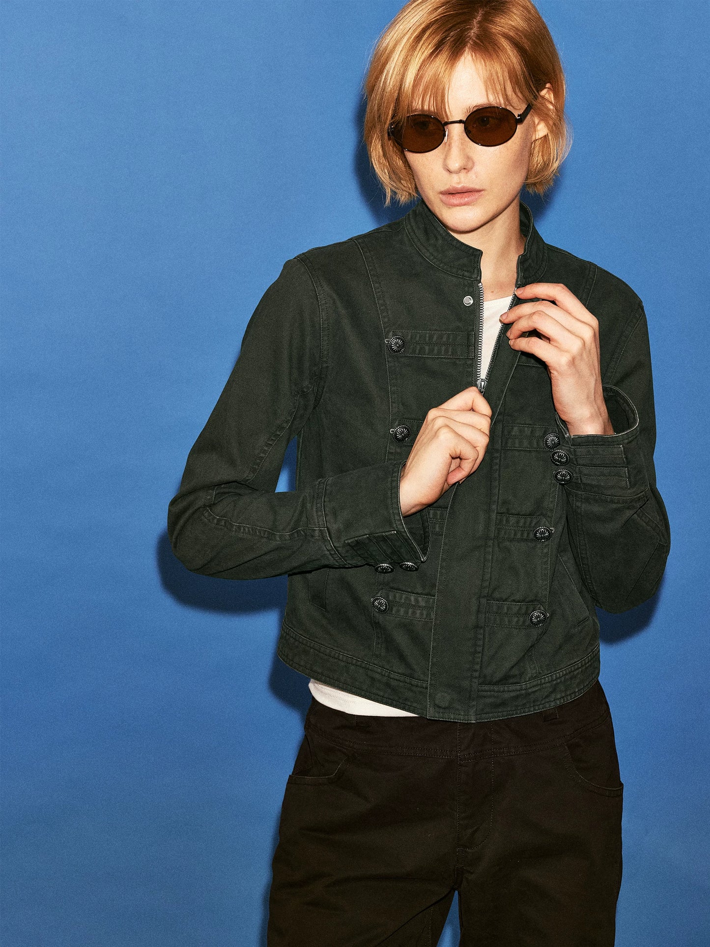 Washed Napoleon-Inspired Cropped Workwear Jacket