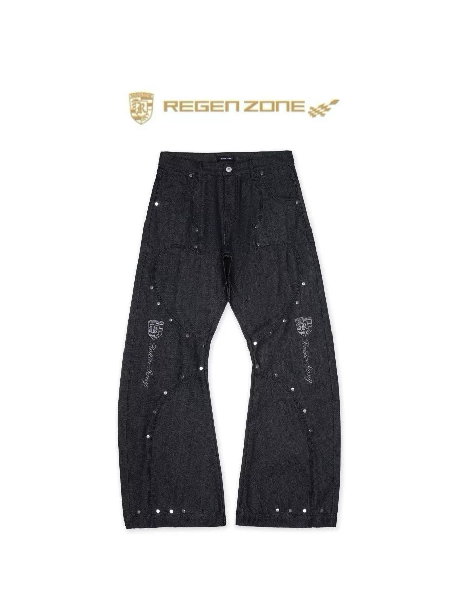 Racing Embroidered Studded Barrel Jeans