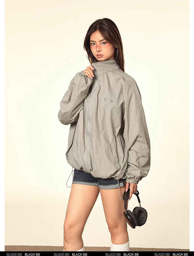 Crinkled Stand Collar Zip Jacket