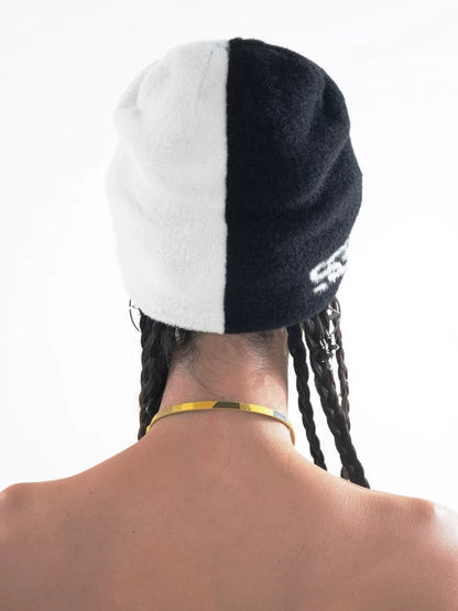 Split Black and White Star Faux Mohair Beanie back view