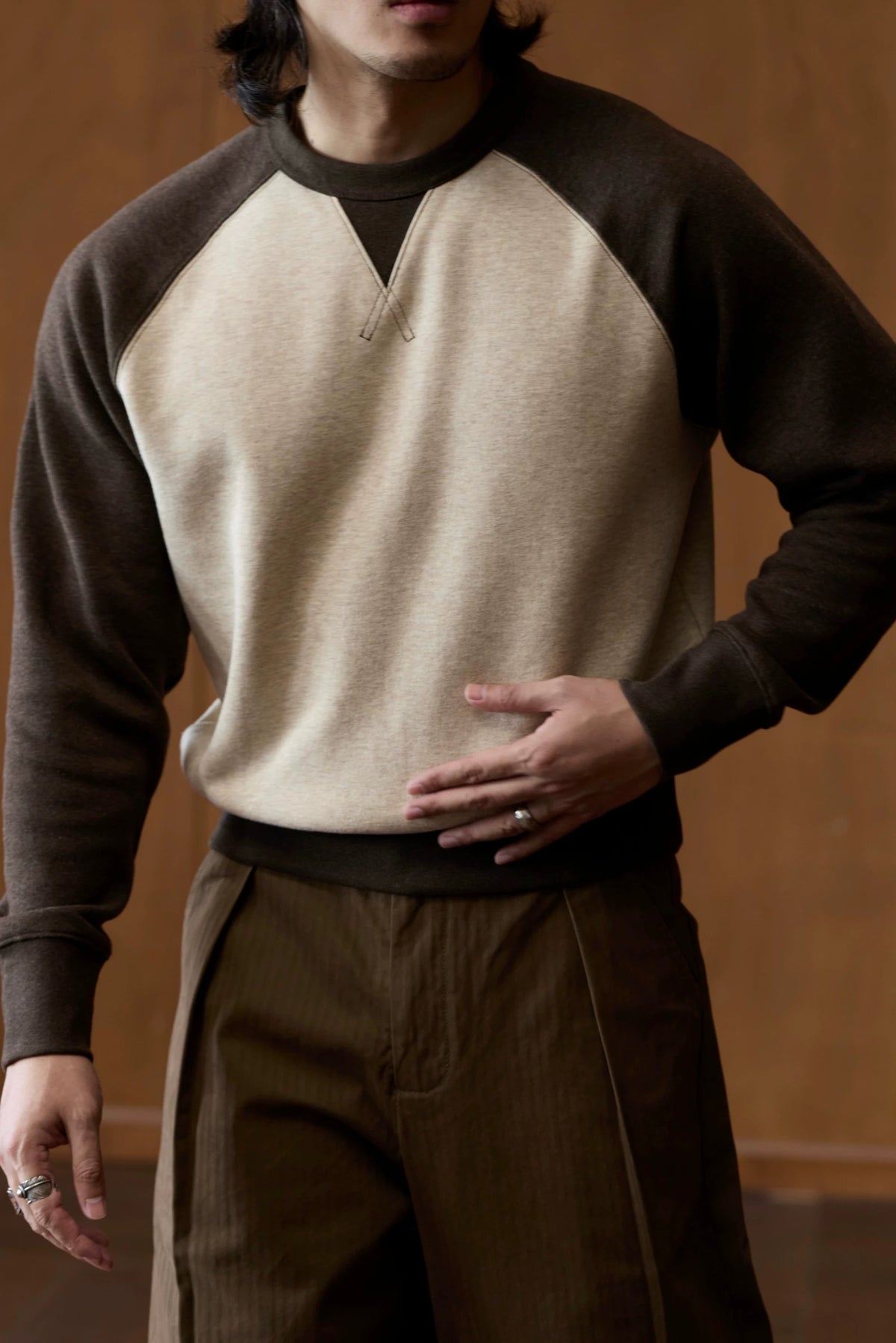 Colorblock Raglan Sweatshirt in apricot and brown