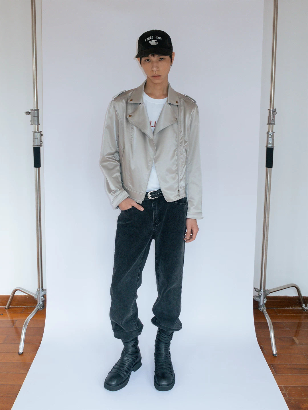 Pearl Silver Moto Jacket in silver product photo