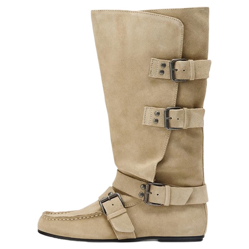Women's Studded Buckle Round Toe Knee-High Boots