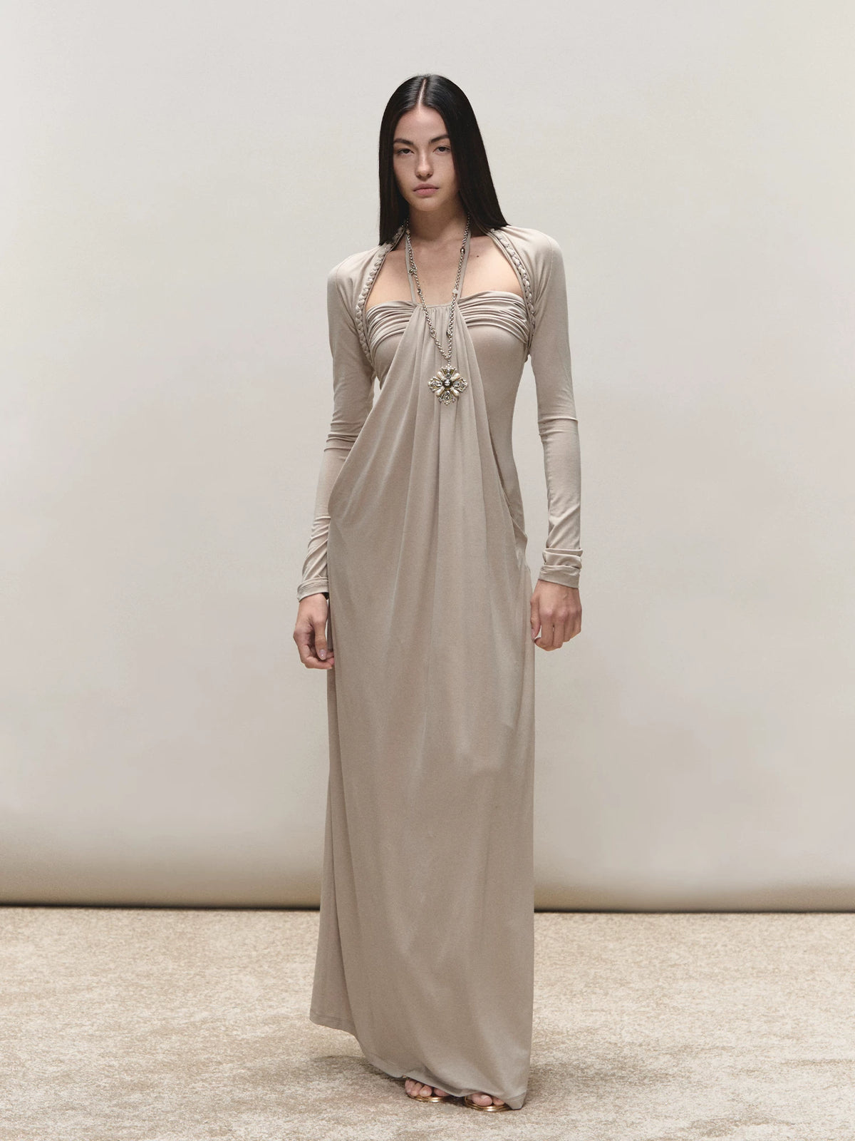 Lyocell Ruched Halter Dress with Braided Chain Detail