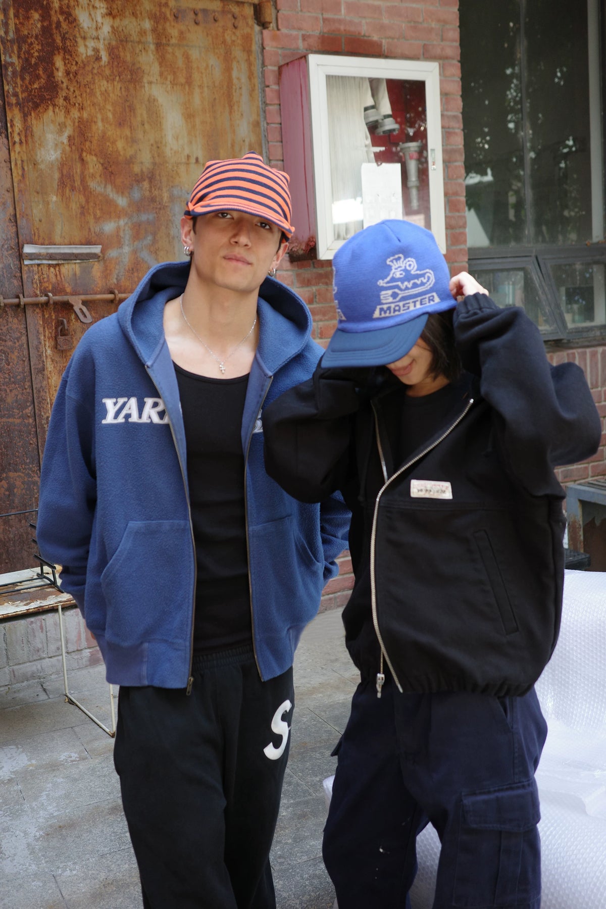 Graphic Embroidered Knit Beanie in Brown and Blue color