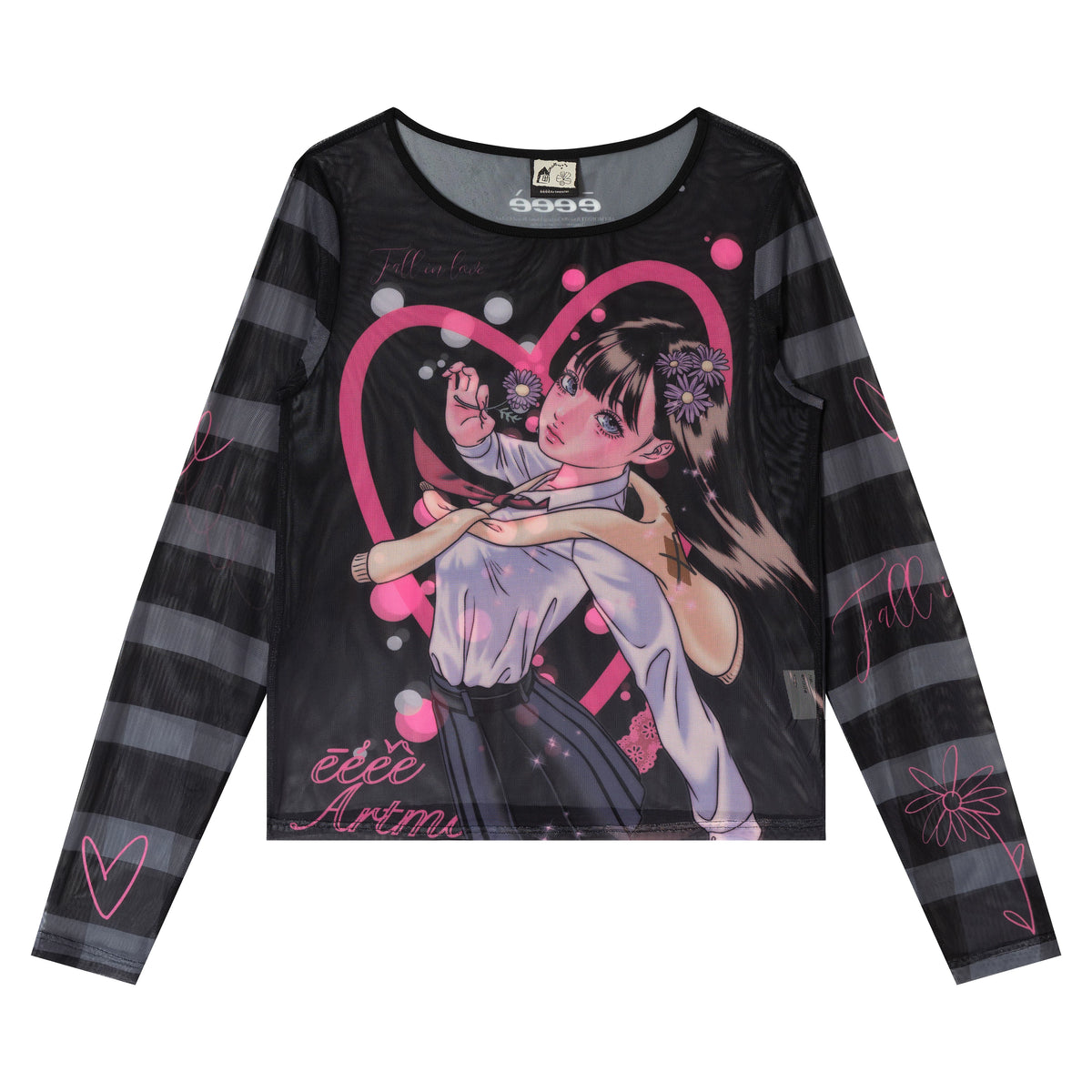 Printed Mesh Sleeve Long Sleeve Top