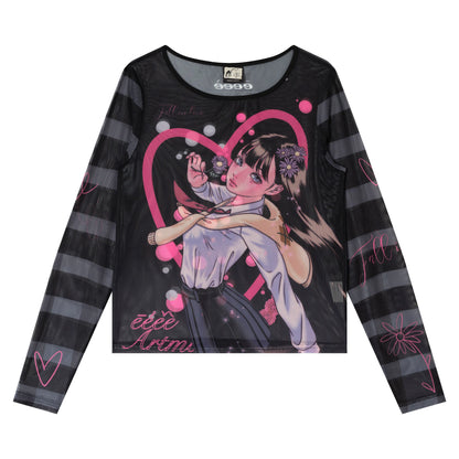 Printed Mesh Sleeve Long Sleeve Top