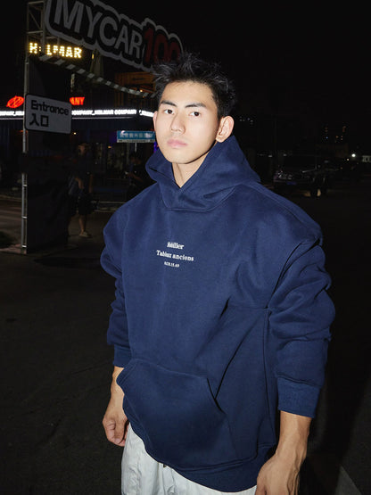 Navy hooded sweatshirt, front view