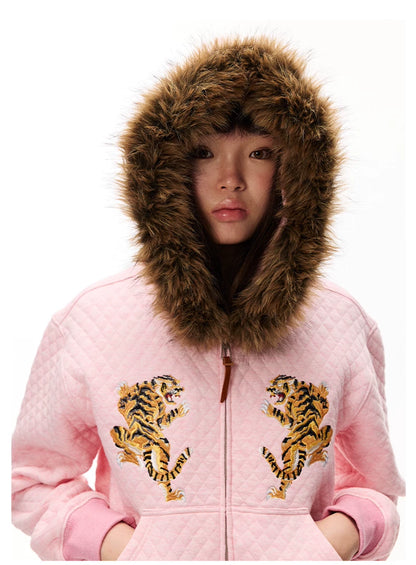 Tiger Embroidered Quilted Hooded Jacket