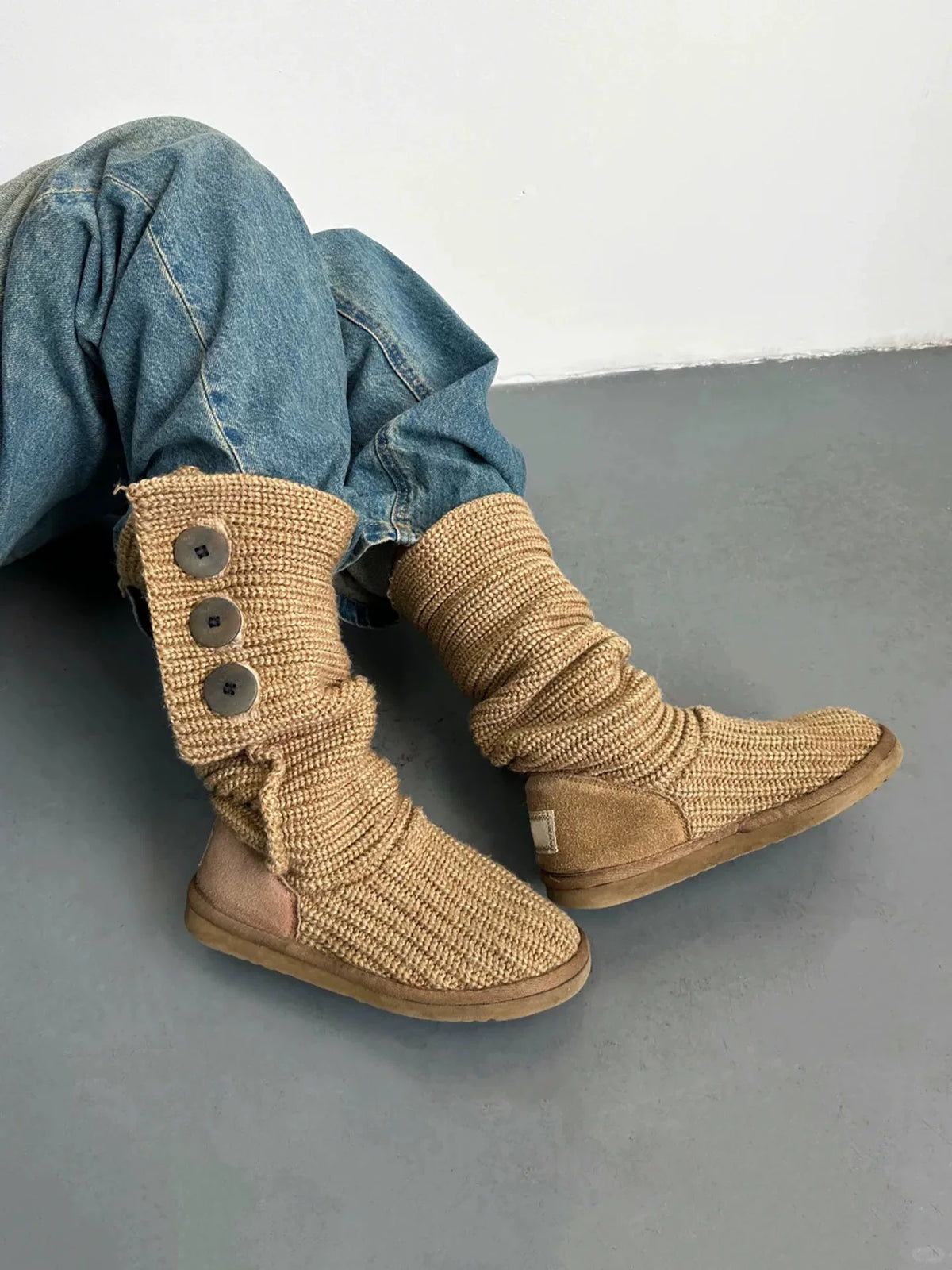Coffee brown mid-calf knit boots, side view