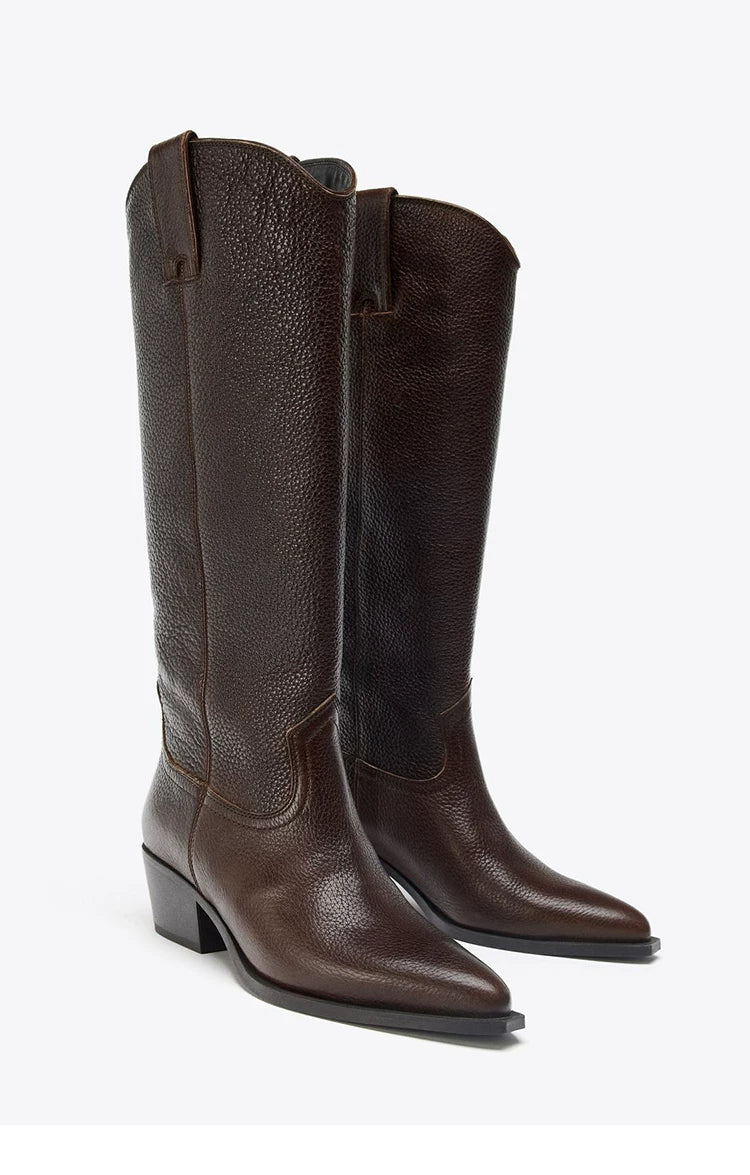 Women's Leather Pointed Toe Western Knee-High Boots