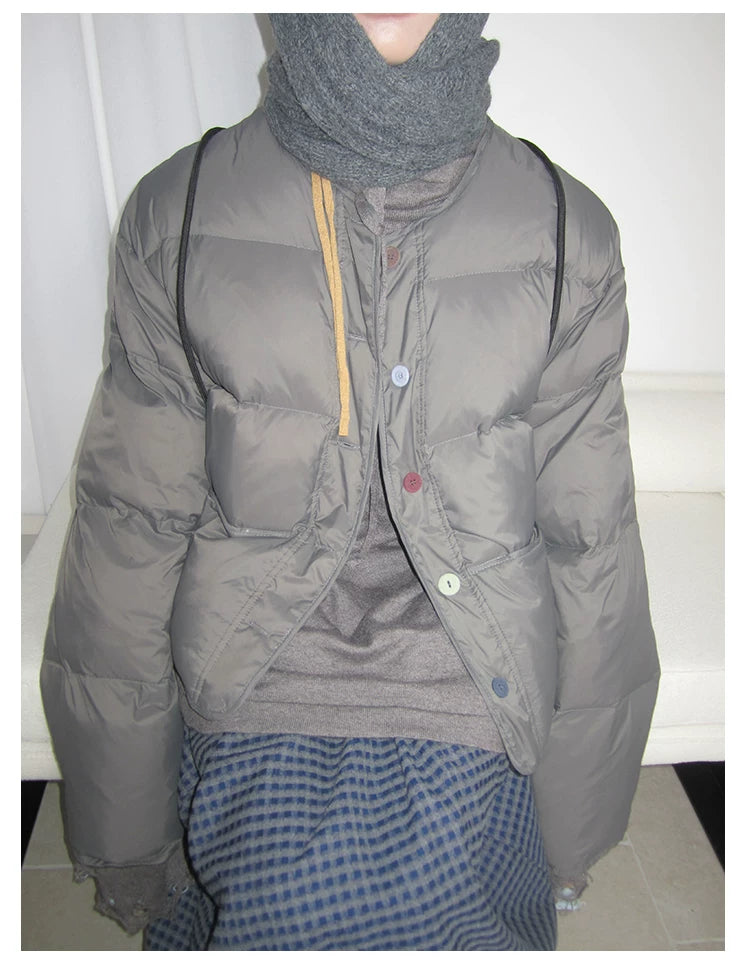 Grey Cropped Stand-Collar Down Jacket