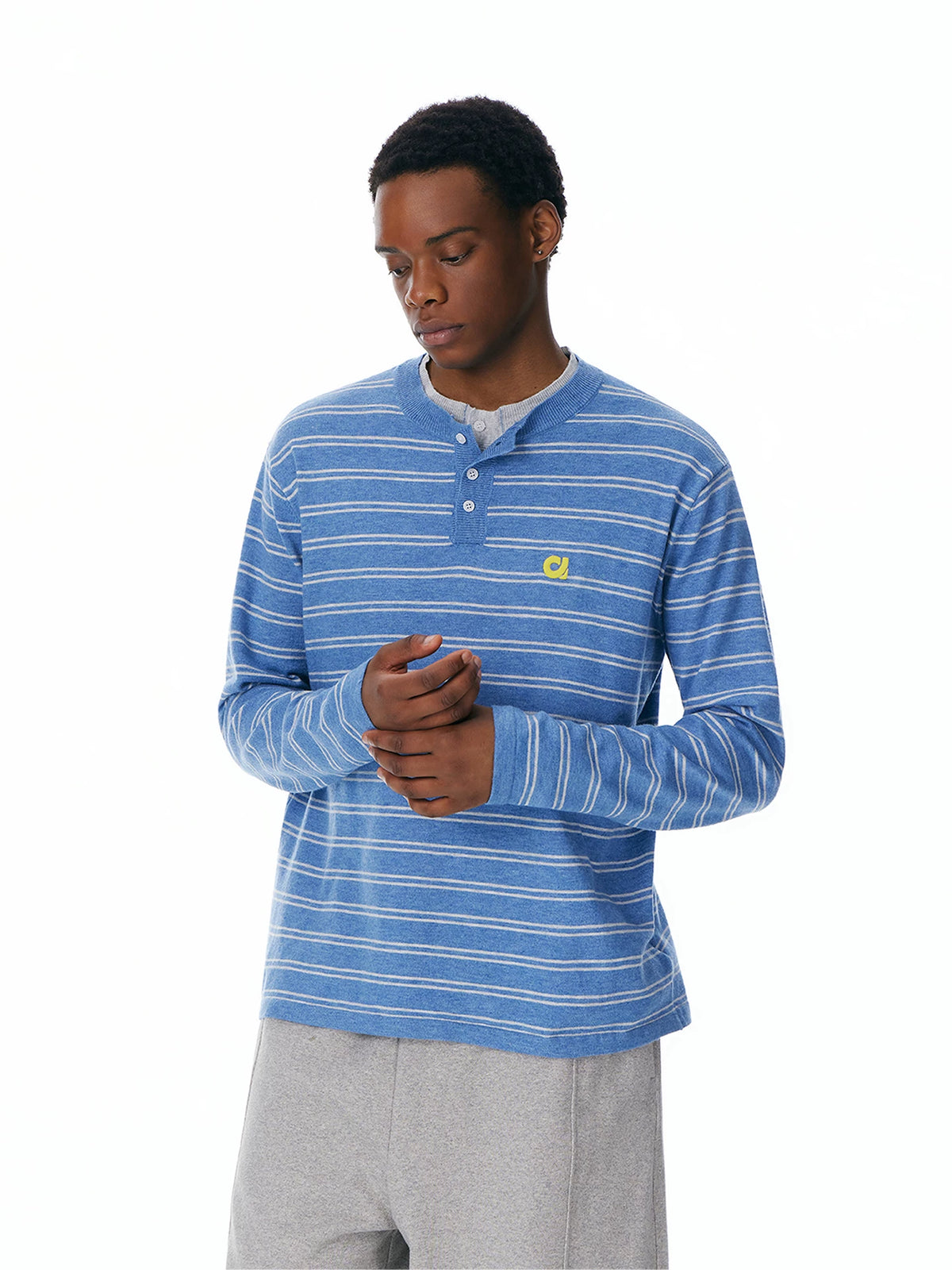 Blue striped layered-look Henley sweater, front view