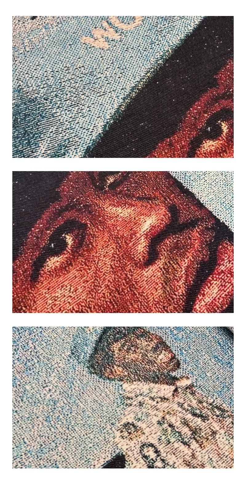 Close-up views of the portrait print on the long-sleeve top