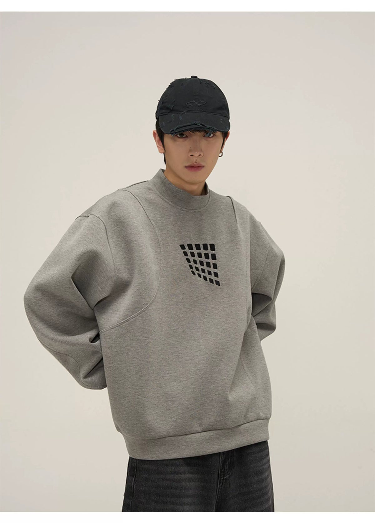 Grid Motif Relaxed Crewneck Sweatshirt in gray