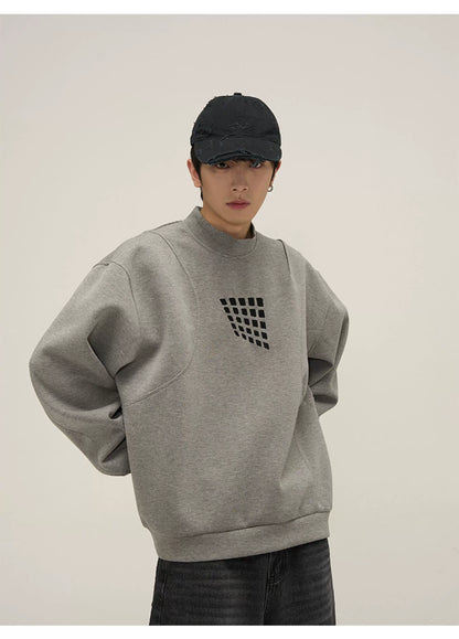 Grid Motif Relaxed Crewneck Sweatshirt in gray