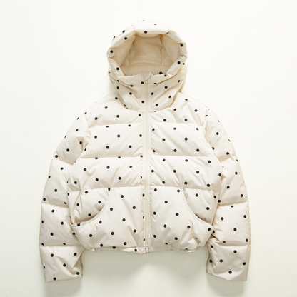 Cream dotted hooded puffer jacket, front view
