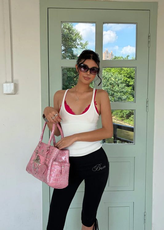 Pink Crocodile-Embossed Tote Bag on model